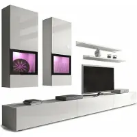 Meublorama Wandmeubel RAMOS - Glanzend witte kleur - Multikleuren LED, extra groot TV-meubel, vitrines en planken