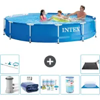 Intex Rond Frame Zwembad - 366 x 76 cm - Blauw - Inclusief Pomp - Solarzeil - Onderhoudspakket - Filter - Grondzeil - Schoonmaakset - Solar Mat - 8-delig