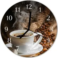 Tulup Wandklok - Koffie Klok Glas Met Opdruk - 30fi cm - Bruin Moderne Wandklok Glas - Witte Handen - Ronde Wandklok - Moderne Wandklok Glas - Wandklok Glas Decoratie