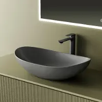 Emke keramische wastafel – Ovaal opzetwastafel in matgrijs, afmetingen 615 x 360 x 155 mm, ideaal voor gebruik met hoge kraanmodellen