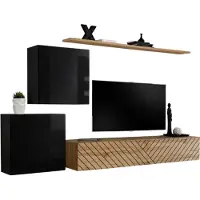Meublorama Set van design woonkamermeubels SWITCH V, in zwart en eiken kleuren. Afwerkingen in glanzend zwart en gefreesd eiken.
