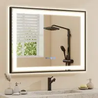 Puluomis badspiegel, 70x50 cm, met anti-condensfunctie, 3 kleurenverlichting, dimbare helderheid, badkamerspiegel met digitale klok en temperatuurweergave, kleur: zwart