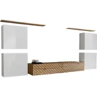 Meublorama Set van design woonkamermeubels SWITCH IV. Kleuren wit en eik. Afwerkingen in gefreesde eik en glanzend wit.