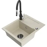 Mexen Enzo granieten spoelbak 1-komers met druiprek en keukenkraan Savita, beige - 6506-69-672601-70