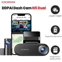 DDPai N5 dubbele 4K-dashcam voor en achter, 2160p+1080p autodashcam, GPS 5 G wifi-dashcam, ingebouwde 32 GB eMMC, nachtzicht, ondersteunt 24-uurs parkeermodus, slimme app
