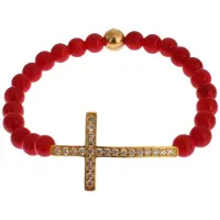 Nialaya Rode Koraal Gouden CZ Kruis 925 Zilveren Armband