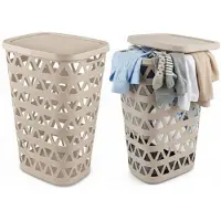 Curver Wasmand met deksel - 2x - ventilatiegaatjes - beige - kunststof - 55 ltr - 42 x 34 x 60 cm