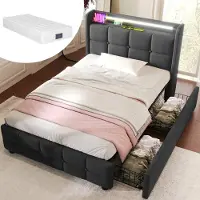 STILVORA Gestoffeerd Bed 90x200 cm – USB En Stopcontact In Hoofdbord – Ledverlichting En 2 Laden – Met Matras – Grijs