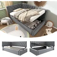 Youjia Polsterbed, dagbed, 90x190 cm, slaapbank met hydraulische opbergruimte, kinderbed/tienerbed, bedframe met houten lattenbodem, fluweel, grijs