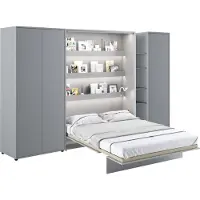 Furniture24 Wandmeubel met slaapbank, model Bed Concept, 140x200 cm, inclusief garderobekast, open kast en planken, met LED-verlichting, in de kleur grijs/graphiet