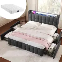 OKWISH Gestoffeerd Bed 140x200 cm - Met USB, Stopcontacten En Led - 4 Lades - Tweepersoons - Linnen - Grijs - Met Matras