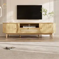 MODFU - TV-Meubel - Met Schuifdeur En Laden - Landelijke Stijl - Voor Woonkamer - MDF - Naturel - 165 X 37 X 46 Cm