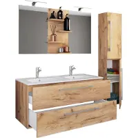 VCM 4 stuks Dubbele wastafel | 2x wastafel | Badkamermeubel set met wastafel, wastafel, hoge kast en spiegel | Dubbele wastafel | Complete set Budasi SP
