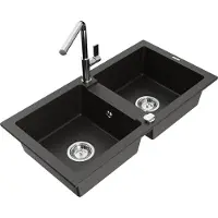 Mexen Mario granieten gootsteen 2-komorige met keukenkraan Flora, zwart/goud metallic - 6504-75-670401-00