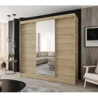 Caspian24 Schuifdeurenkast, 3 deuren, 190 x 205 cm – Sonoma-eik – Moderne garderobekast met spiegel op de middelste deur en 4 lades, geschikt voor de slaapkamer