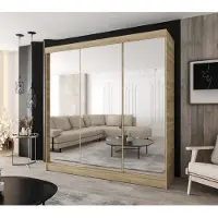 Caspian24 Moderne schuifdeurkast met 3 deuren, 220 x 205 cm – Sonoma eikenhout, met 3 spiegels en 4 lades, geschikt voor slaapkamer en hal