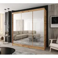 Caspian24 Moderne schuifdeurkast met 3 deuren, 220 x 205 cm – Wotan eikenhout, met 3 spiegels, geschikt voor slaapkamer en hal