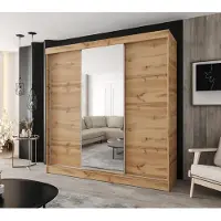Caspian24 Moderne schuifdeurkast met 3 deuren, afmetingen 230 x 205 cm, uitgevoerd in "Wotan Eik" met spiegel – ideaal voor slaapkamer en hal