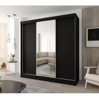 Caspian24 Moderne schuifdeurkast met 3 deuren, 230 x 205 cm – Zwart met spiegel