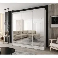 Caspian24 Moderne schuifdeurkast met 3 deuren, 180 x 205 cm – Wit, met 3 spiegels en 2 lades, geschikt voor slaapkamer en hal