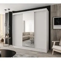 Caspian24 Schuifdeurenkast, 3 deuren, 160 x 205 cm, wit – Moderne garderobekast met spiegel op de middelste deur en 2 lades. Geschikt voor slaapkamer en hal