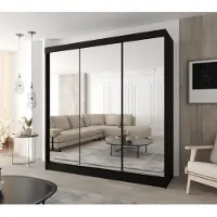 Caspian24 Moderne schuifdeurkast met 3 deuren, 160 x 205 cm – Zwart, met 3 spiegels en 4 lades, geschikt voor slaapkamer en hal