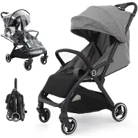 Sekey kinderbuggy, reiswagentje voor kinderen tot 22 kg, verstelbare rugleuning, regenbescherming en kijkvenster, opvouwbaar met één hand, zwart en grijs