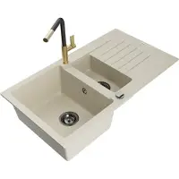 Mexen Matias granieten spoelbak 1,5-komors met afdruiprek en keukenkraan Flora, beige - 6502-69-670401-57-B