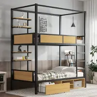 Sweiko Stapelbed - 90 x 200 cm - Ijzer + MDF - Opbergplank - met Lade - Zwart + naturel