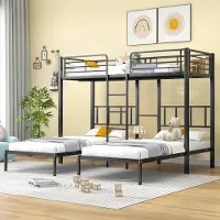 Sweiko Kinderbed, Driepersoonsbed, Driepersoons stapelbed met ladder voor kinderen en tieners, IJzeren bed met valbeveiliging en planken, Zwart (90x200cm*3)