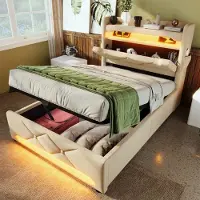 Sweiko Tweepersoonsbed - 90*200cm - Met oplaadpoort - LED verlichting - Opbergruimte - Linnen - Beige