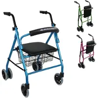 Mobiclinic Prado - Rollator - Looprek met 4 wielen - Stoel en Rugleuning - Opvouwbare en Verstelbare in Hoogte - Lichtgewicht - Aluminium - Zitting en mandje - Drukremmen - Blauw