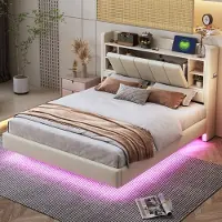 Sweiko Tweepersoonsbed - 140 x 200 cm - USB-aansluiting + LED-lichtlijst - Linnen stof - Beige