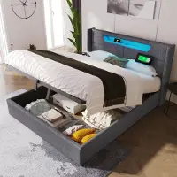 Sweiko Gestoffeerd bed LED tweepersoonsbed met USB Type C oplaadfunctie en LED verlichting, Opslagbedden Bed frame gemaakt van linnen materiaal Jeugdbed 160x200 met lattenrost (Zonder matras)