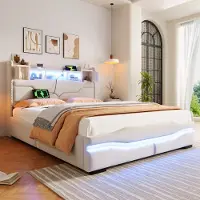 Sweiko Tweepersoonsbed - 140 x 200 cm - USB-aansluiting - LED-verlichting - Opbergruimte - Beige