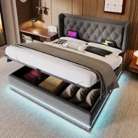 Sweiko Tweepersoonsbed - 160*200 cm - LED-verlichting - Hydraulische opbergruimte - USB Type-C oplaadfunctie - Zonder matras - Grijs