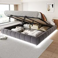 Sweiko Tweepersoonsbed - 180 x 200 cm - Zonder hoofdeinde - LED-lichtstrip - Opbergruimte - Grijs