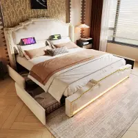 Sweiko Tweepersoonsbed - 160×200cm - met 4 laden - LED-verlichting - USB-C oplaadpoort - Velvet - Beige