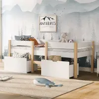 Sweiko Half hoogte kinderbed met lades en valbescherming, massief dennenhout 90x190cm Wit eikenhout