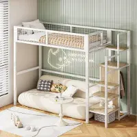 Sweiko Hoogslaper - 90 x 200 cm - IJzeren bed - Met kledingkast + opbergrek - Wit (zonder bank)