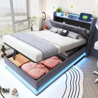 Sweiko Kinderbed - 90*200cm - LED verlichting + USB aansluiting - Hydraulische opbergruimte - Linnen stof - Grijs