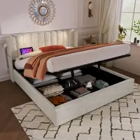 Sweiko Gestoffeerd bed Tweepersoonsbed Leeslamp met oplaadfunctie Hoofdbord Opslagruimte Bed frame Linnenmateriaal Jeugdbed 140x200 met lattenrost, Natural (Zonder matras)