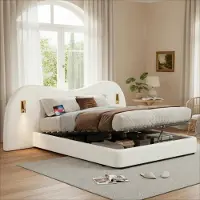 Sweiko Gestoffeerd bed - 180 x 200 cm - Bouclé-stof - Hydraulische bed - Met USB-poort - 2 leeslampjes - Opbergruimte - Wit