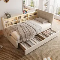 Sweiko Slaapbank - 90 x 200 cm - 2 lades - USB + Type-C - Opbergruimte - Beige
