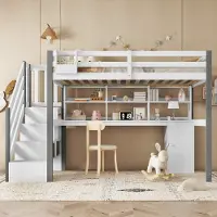 Sweiko Hoogslaper - 90x200cm - met Bureau + stoffen laden + Opbergkast - Open planken - Wit + grijs