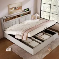 Sweiko Gestofferd bed Dubbele bed Oplaadfunctie met USB, type C Stopcontact Hoofdbord, Opbergbed, Beige, linnenmateriaal bedstead Jeugdbed 140x200 met Flat noedels grille (geen matras)