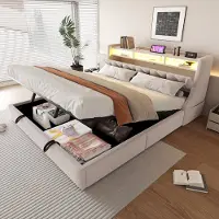 Sweiko Gestoffeerd bed - 180 x 200 cm - Opbergruimte - Met oplaadpunten - LED-verlichting - Velvet - Beige