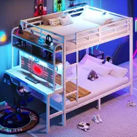 Sweiko Stapelbed - 140 x 200 cm - Met bureau - LED-verlichting - USB-poorten - Metalen frame - Kinderbed - Wit