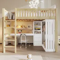 Sweiko Hoogslaper - 140 x 200 cm - Met bureau - Kledingkast - 3 lades - Opbergplank - Kinderbed - Wit + Natuurlijke