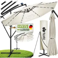 Tillvex Zweefparasol Aluminium met LED Solar Ø 300 cm + Zwengel + Hoes + Windbescherming | Parasol met Standaard | Tuinparasol UV-bescherming | Waterdichte Draaiparasol Marktscherm